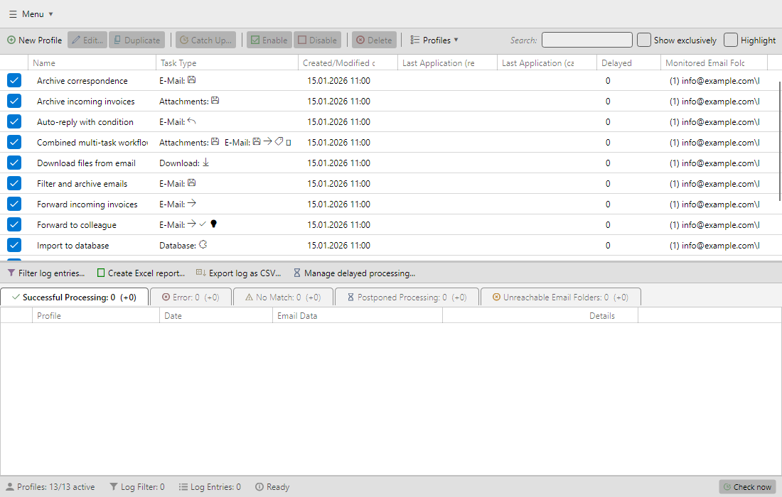 Main window with profile list on top, log list at the bottom and toolbars in between, plus the status bar along the bottom edge