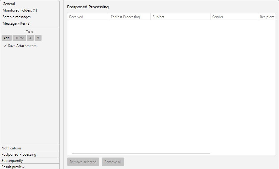 Profile settings, Postponements area: list of postponement configurations with schedule and resume conditions