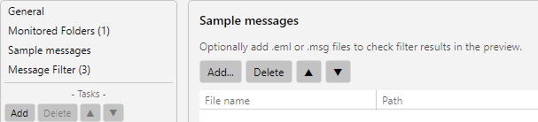 Profile settings, Sample Messages area: list of stored test EMLs with a preview panel on the right