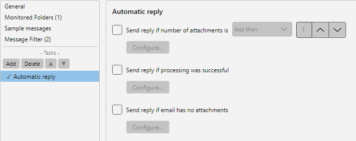 Profile settings, Auto Reply task: reply text editor, sender account, attachment selection and repeat conditions