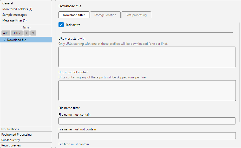 Profile settings, Download task: URL pattern editor, target path with placeholders and filter for external content
