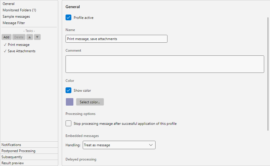Profile settings, Print Attachments task: printer selection, attachment filter and scaling options