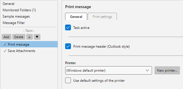 Profile settings, Print Message task: printer selection, print format and content options for header and attachments