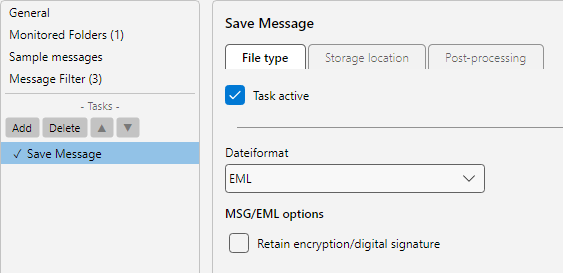 Profile settings, Save Message task: file format selection (EML, MSG, HTML, TXT, PDF), target path and attachment embedding