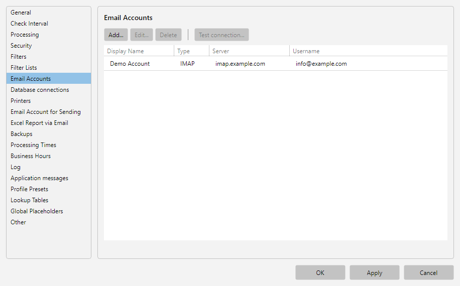 Program options, Email Accounts area: list of configured accounts with account type, status and test-connection button