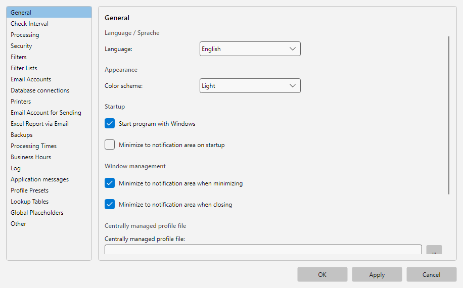 Program options, General area: program language, color scheme, behavior on startup and shutdown, plus password storage