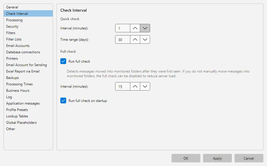 Program options, Interval area: check interval in seconds with note about the processing phase and IDLE behavior