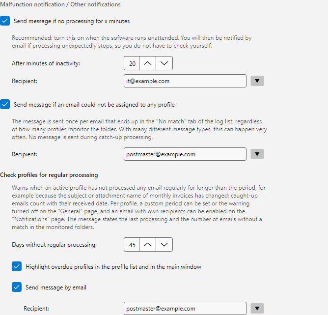 Program options, section Malfunction notification / Other notifications: malfunction notification after minutes without activity and notification for emails without a profile match, each with a recipient field