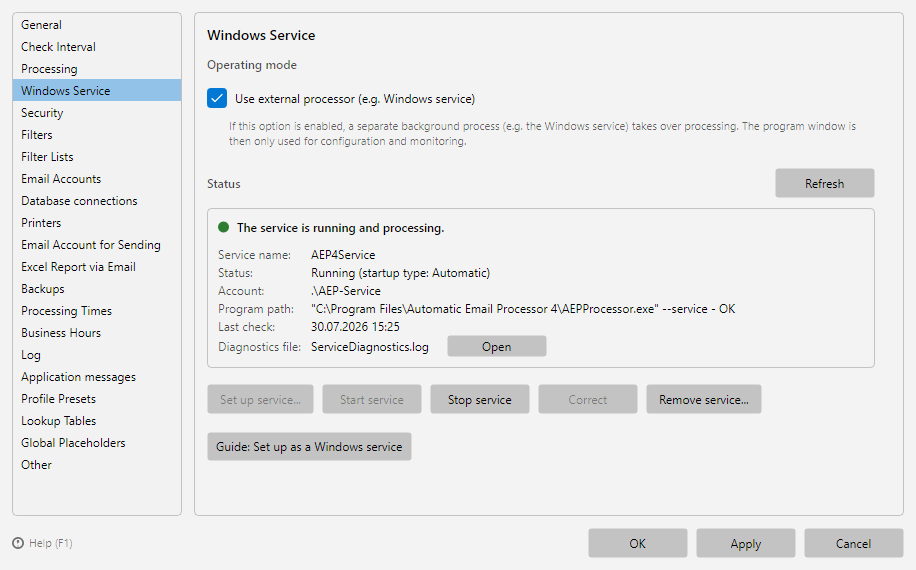 Program options, Windows Service page: “Use external processor” operating mode option, status area with service name, account and program path, and actions to set up, start, stop and remove the service