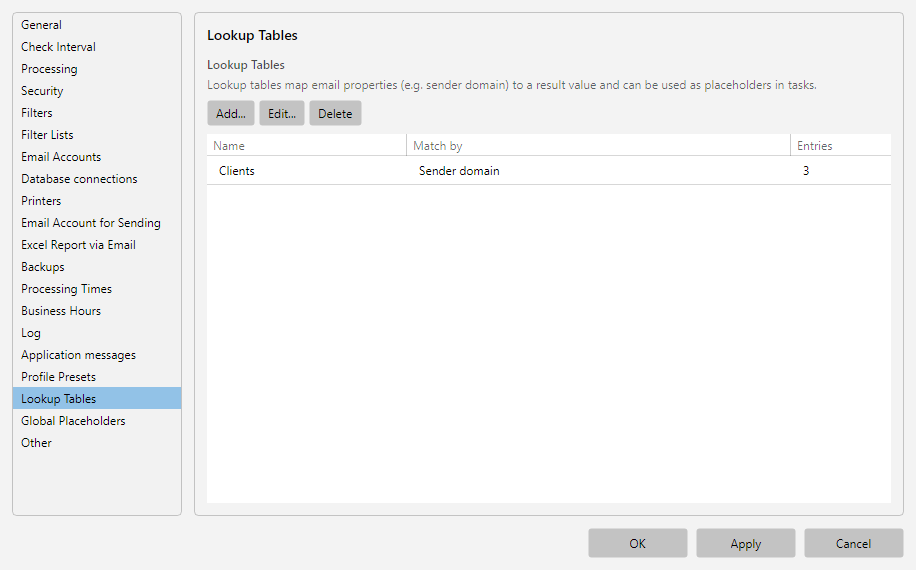 Lookup tables list in program options