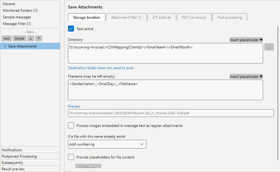 Placeholder in the folder input field