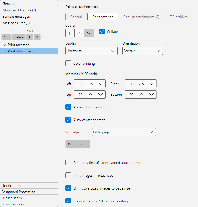 Print settings - duplex and scaling