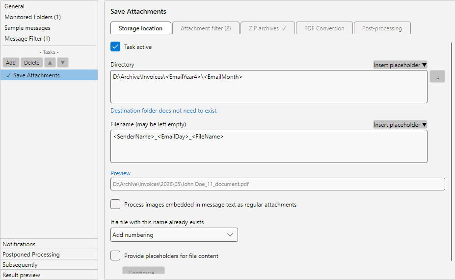 Configure storage location