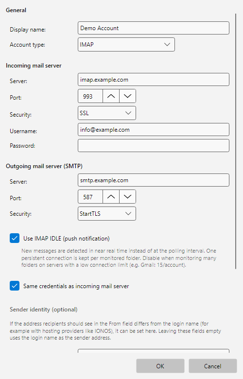 IMAP editor with filled fields