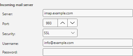 Incoming server with server, port and security