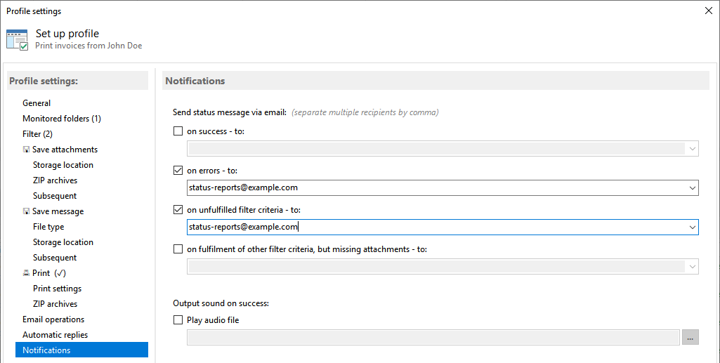 Receive processing status by email