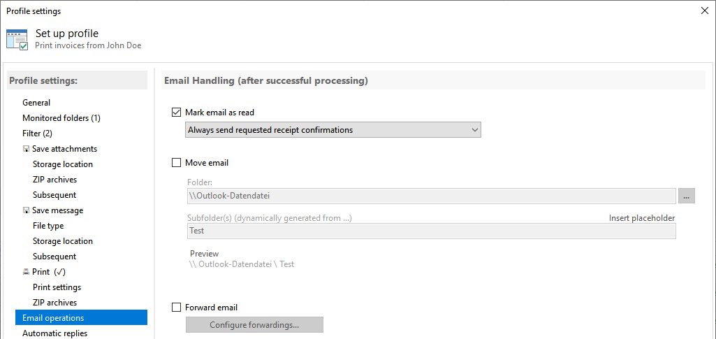 Operations after printing the email