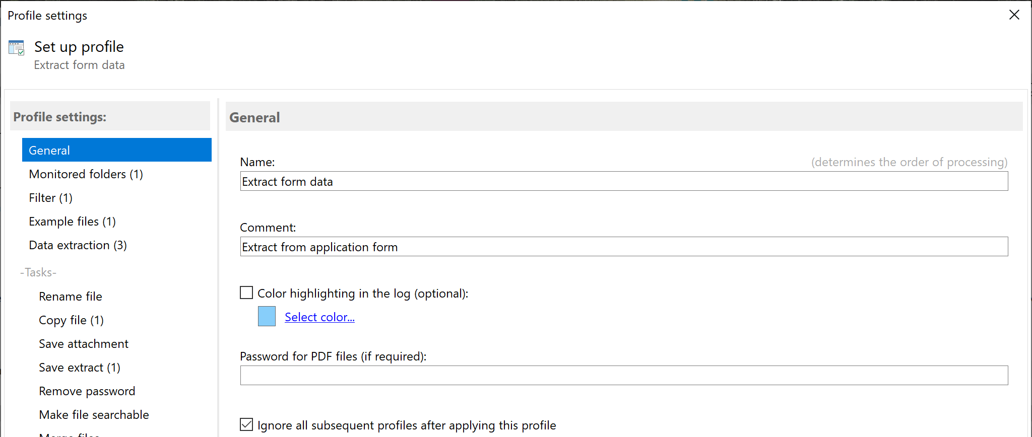 Create profile for exporting forms data