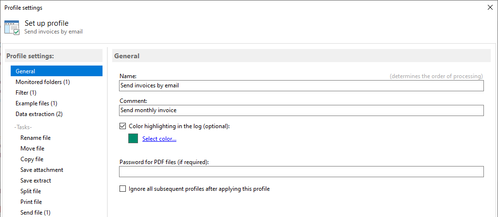 Create profile for sending PDF invoices
