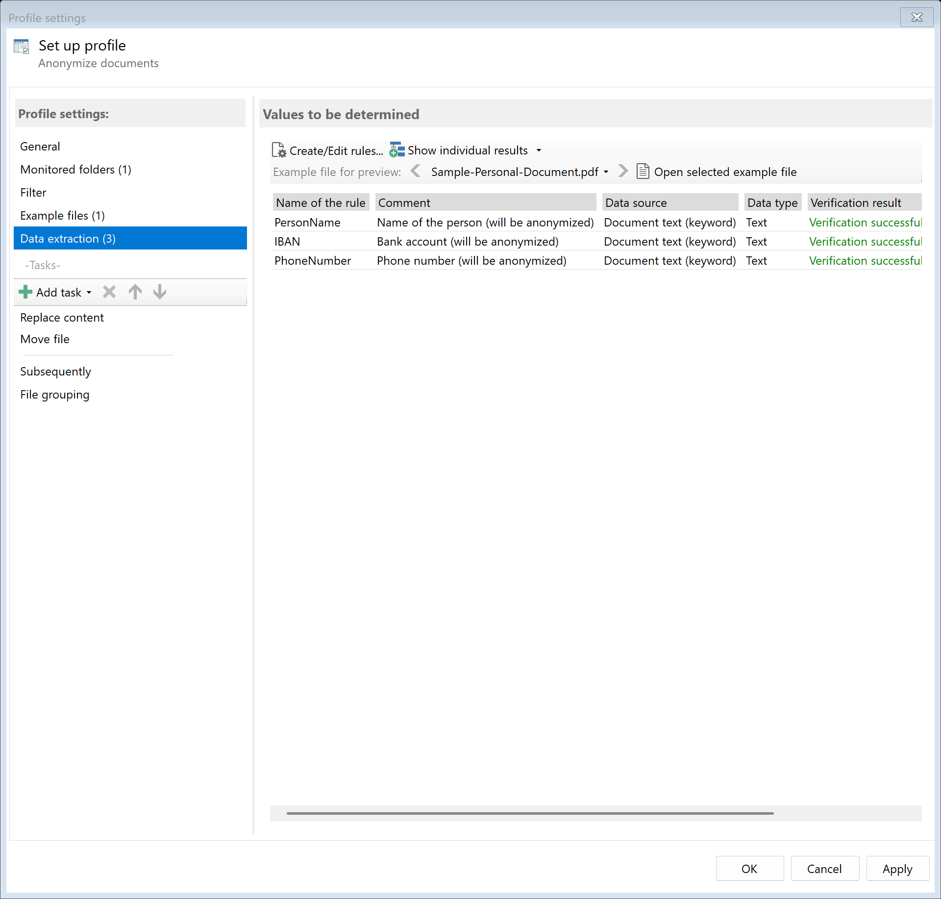 Extraction rules for anonymization