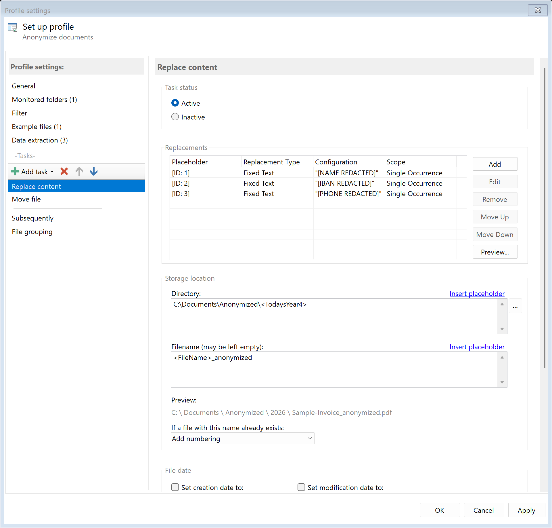 Replace Content task