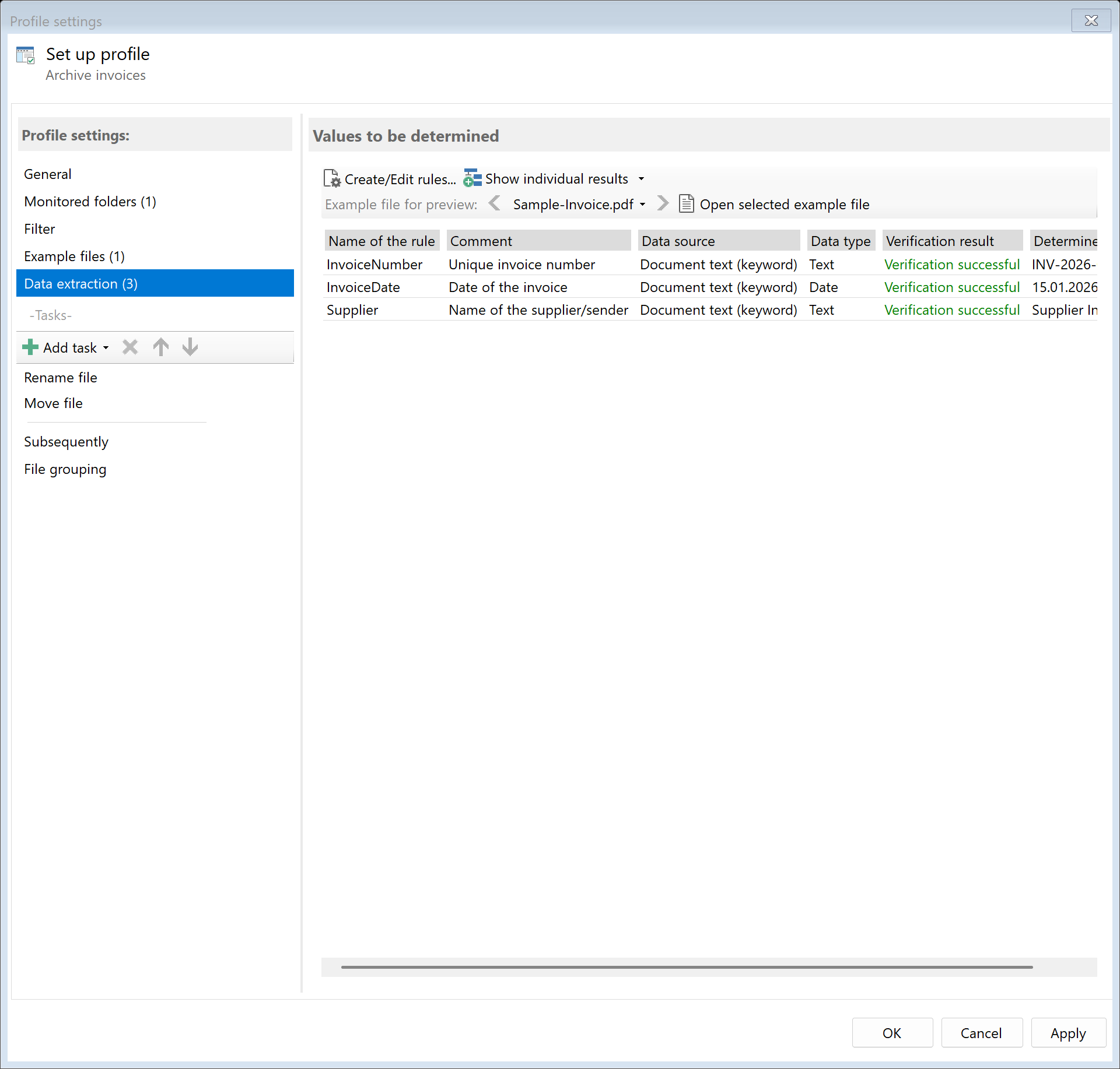 Extraction rules for invoice data