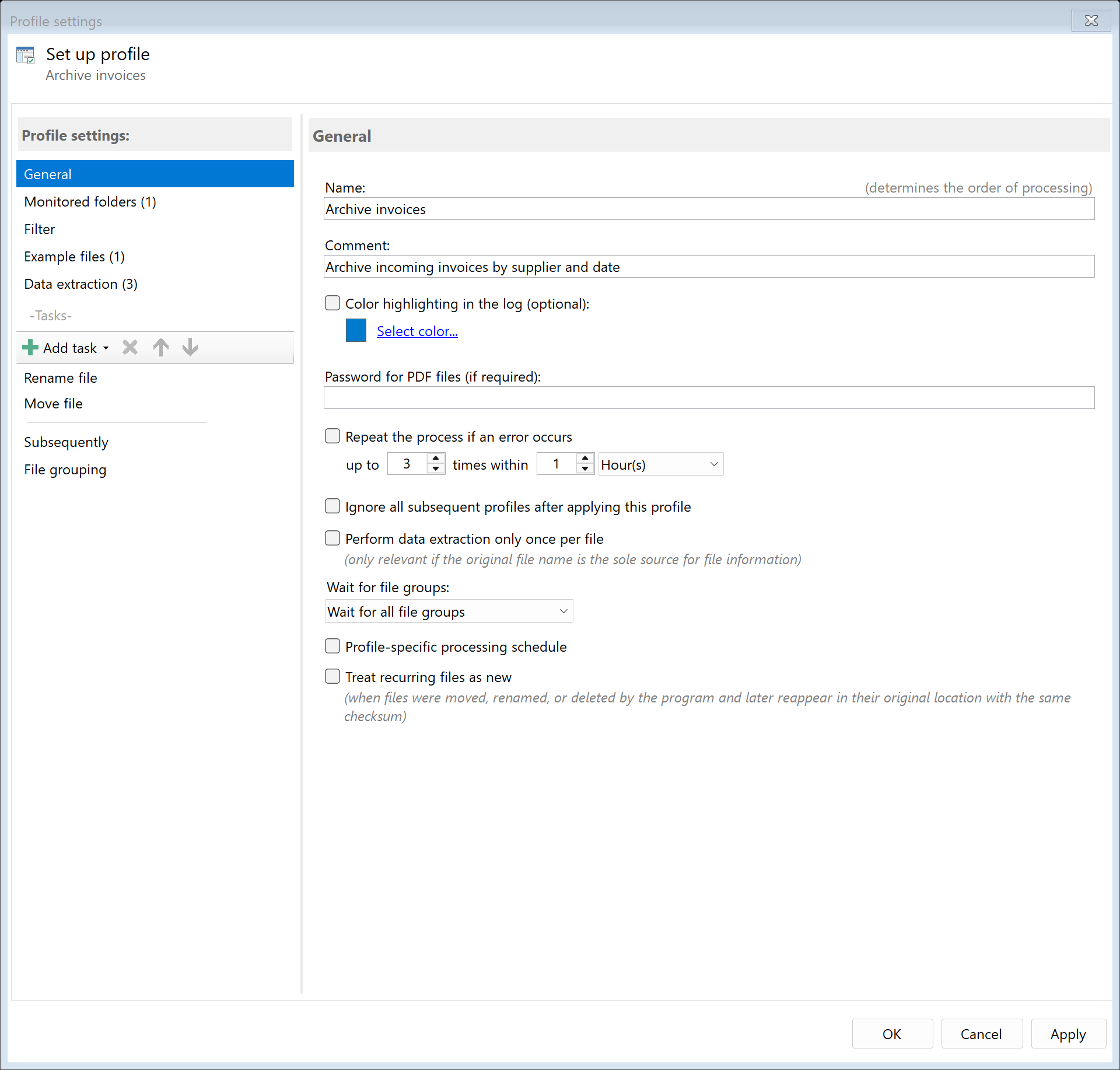 Create profile for invoice archiving