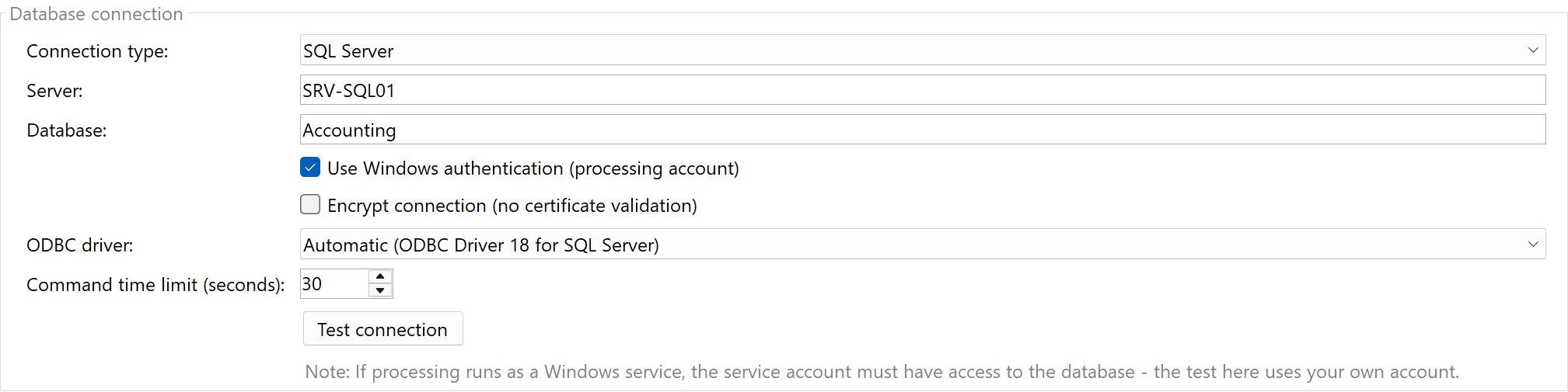 Database connection of the Save to database task