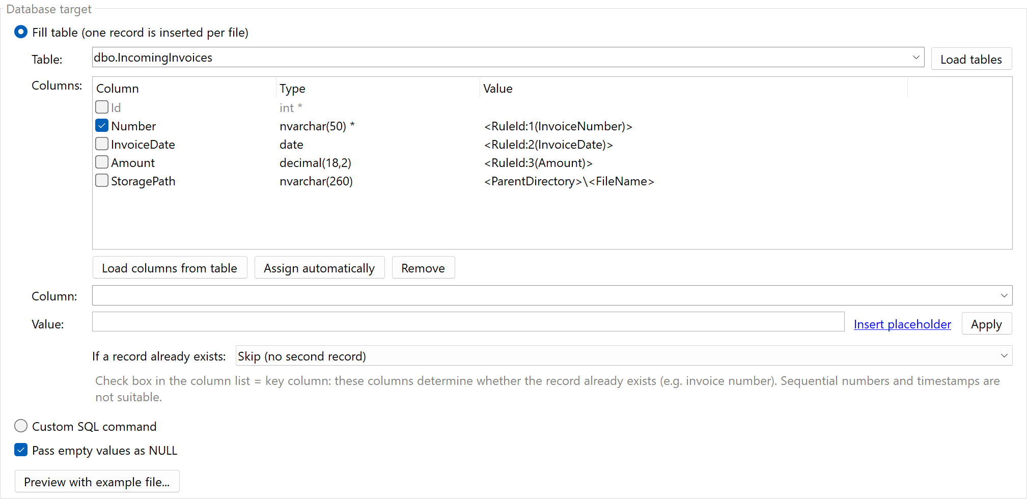 Database target: fill table with column assignment