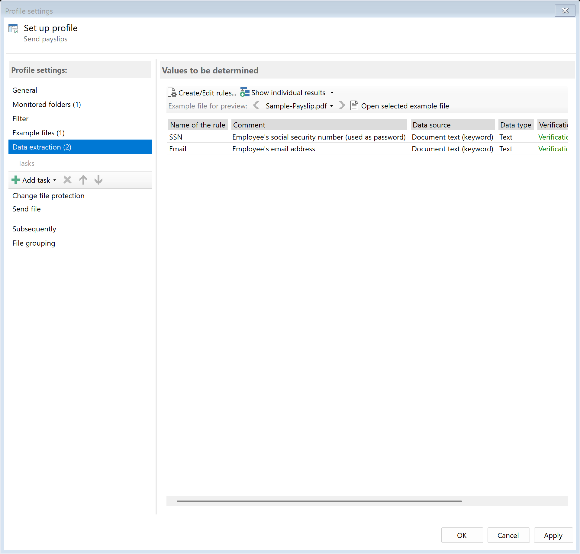 Extraction rules for payslip data