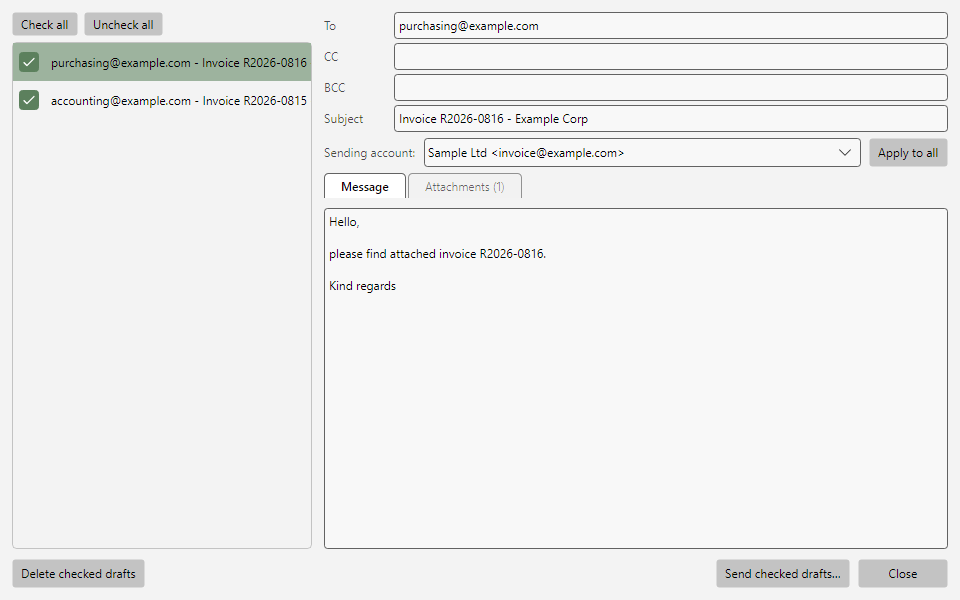 Drafts window with draft list, message, and attachments