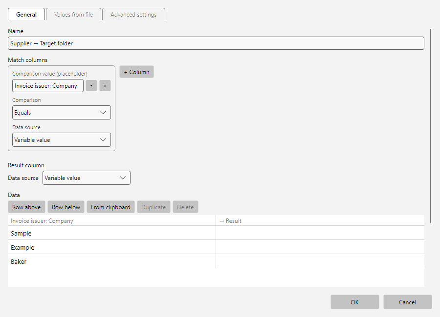 Editor of a lookup table with data area and CSV options