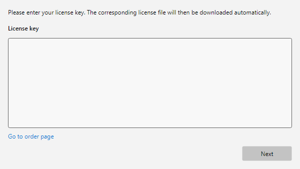Registration window with input field for the license key