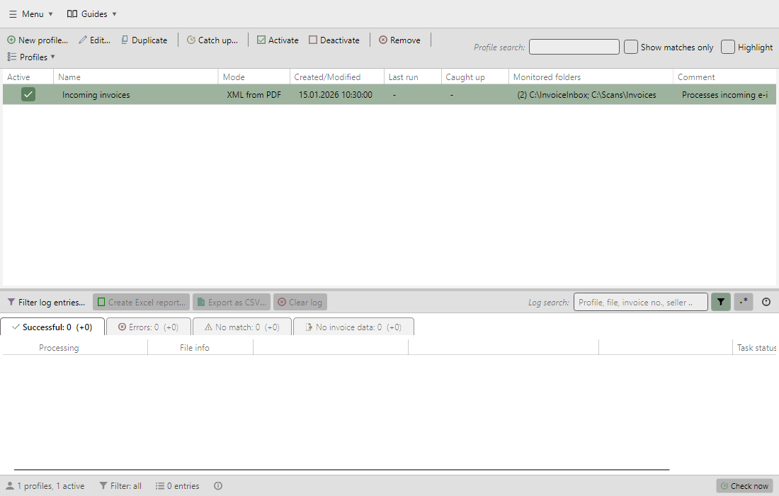 Main window with profile toolbar, profile list, log toolbar, log list, and status bar