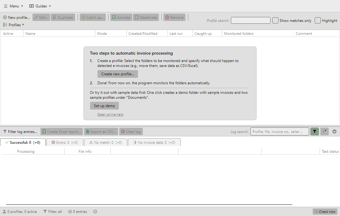 Getting-started card in the main window when the profile list is empty
