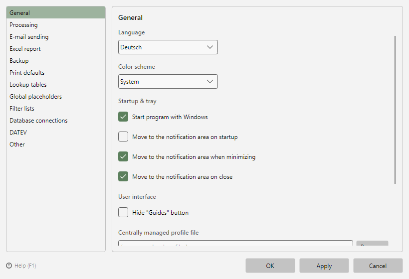 Program options with the category list on the left and the page content on the right