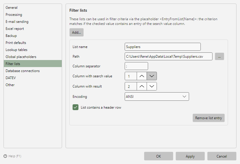 Program options, Filter lists page