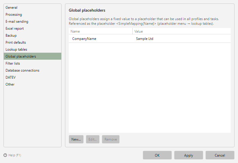 Program options, Global placeholders page