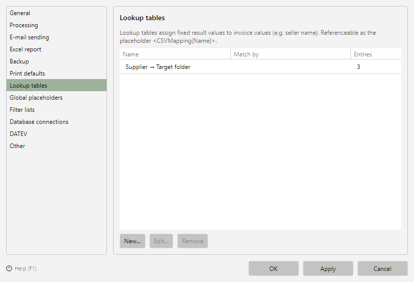 Program options, Lookup tables page