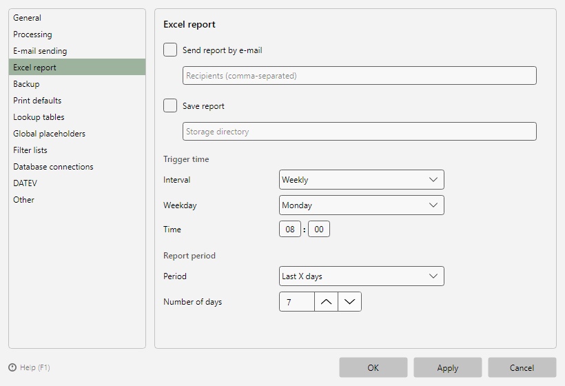 Program options, Excel report page