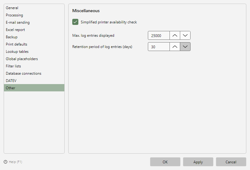 Program options, Miscellaneous page