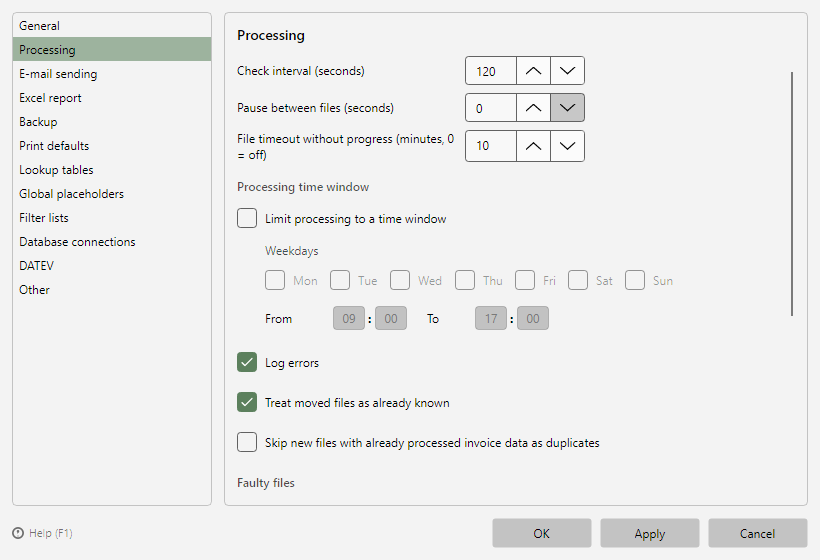 Program options, Processing page