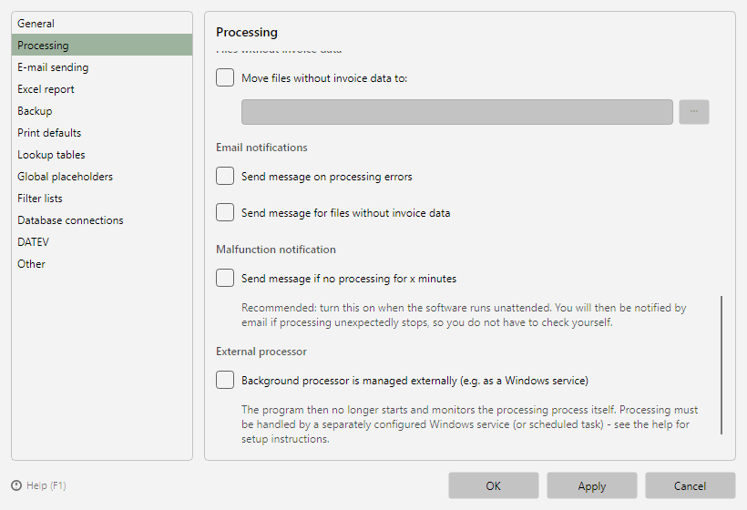 Option “Background processor is managed externally” in the program options under Processing