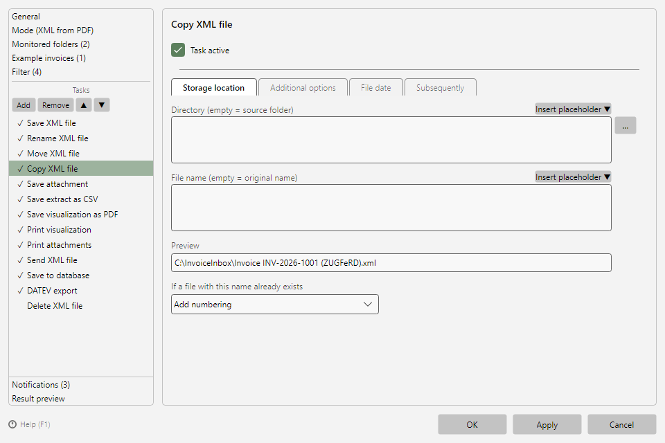 Copy file task with storage location tab