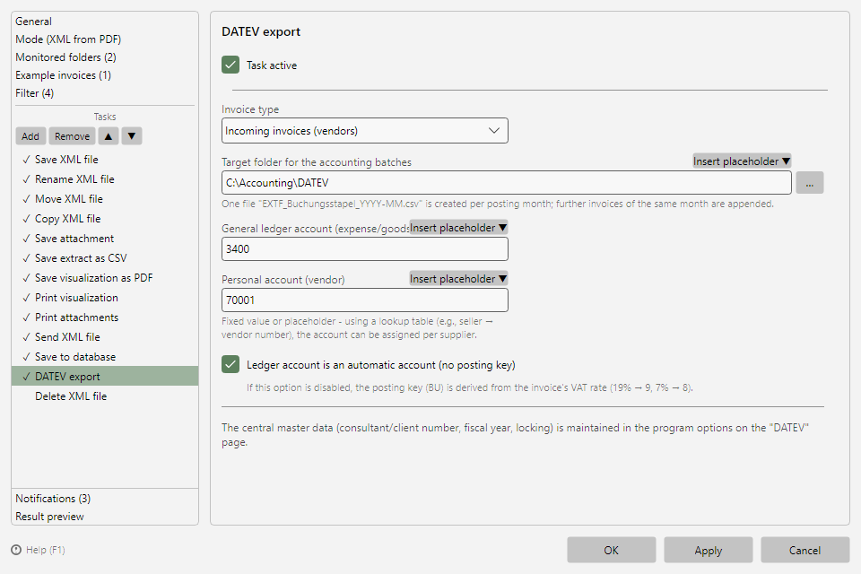 DATEV export task with invoice type, target folder, and account fields