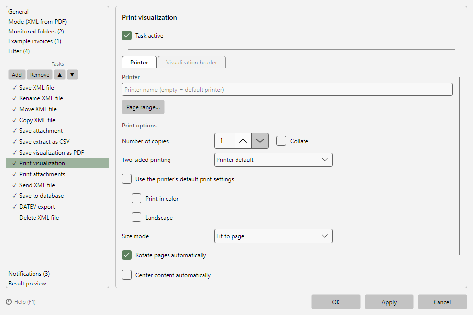 Print file task with printer tab and visualization header