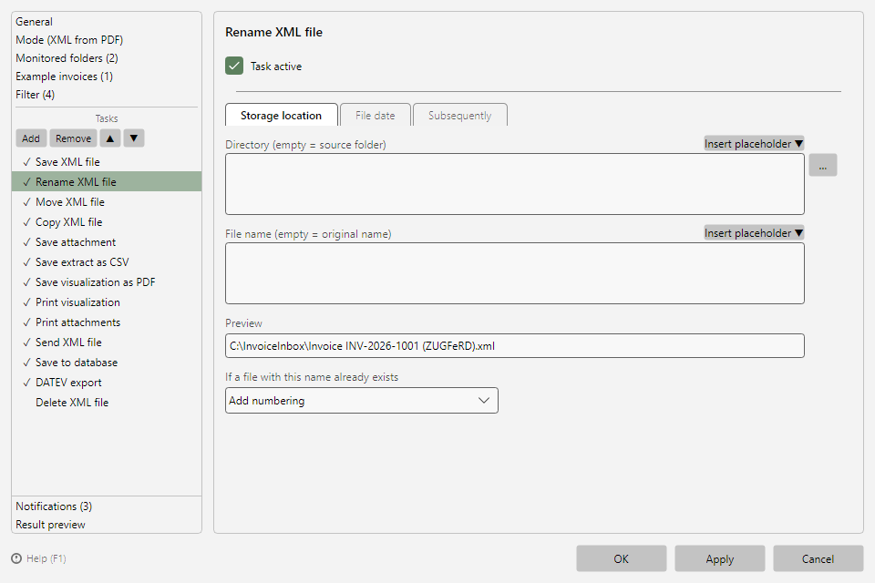 Rename file task with storage location tab and preview