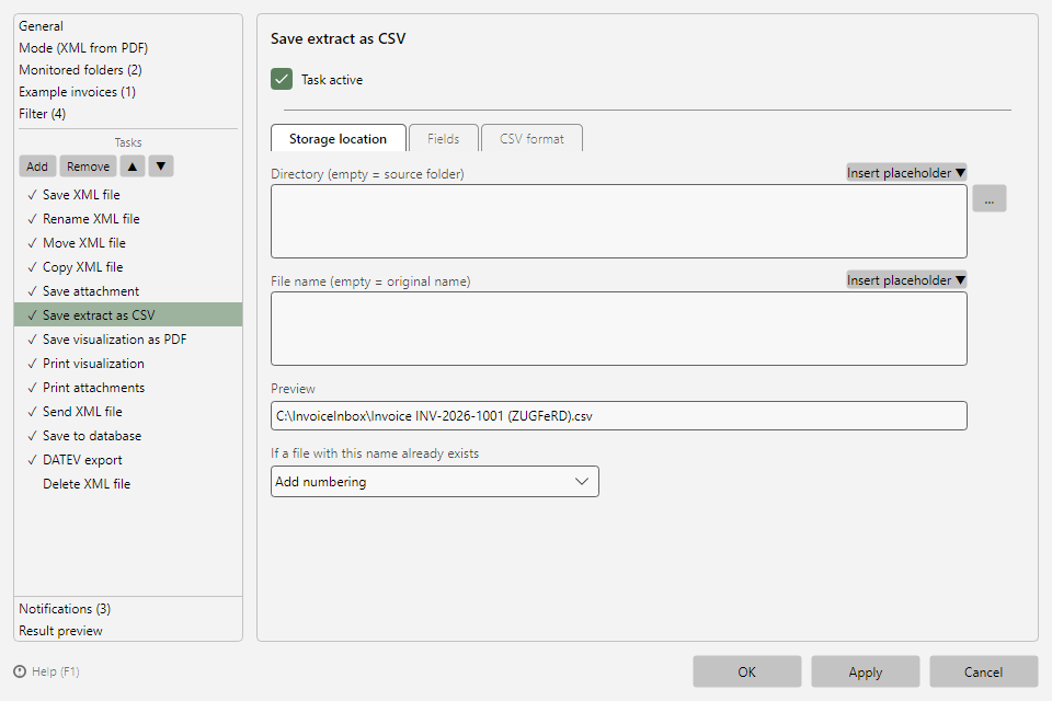 Save extract as CSV task with the Storage location, Fields, and CSV format tabs