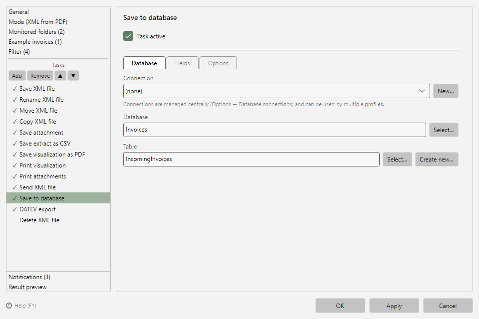 Save to database task with the Database, Fields, and Options tabs