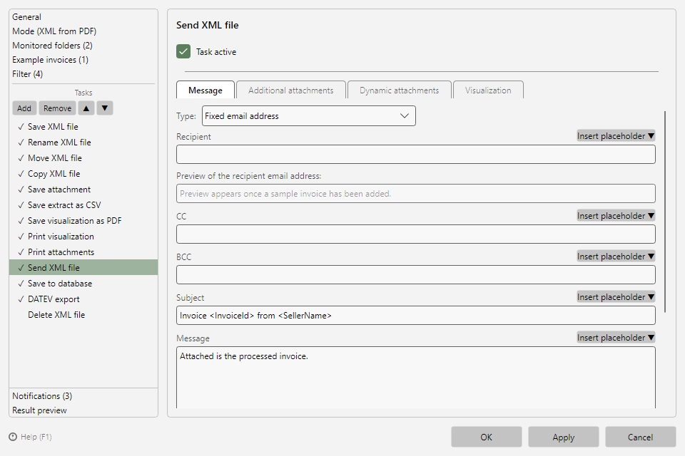 Send file task with message tab, recipient, subject, and message